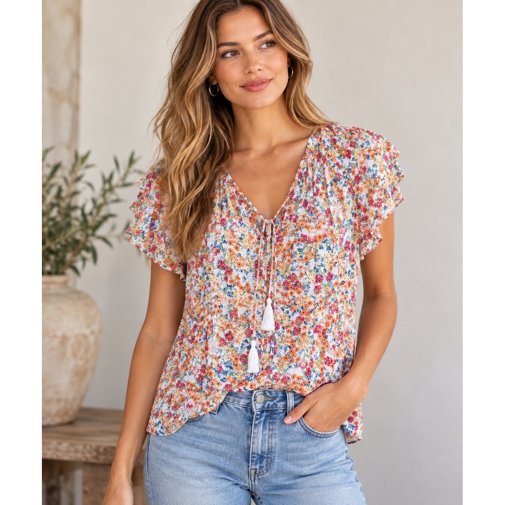 Floral Peasant Blouse Cynthia Rowley L Ruffle Sleeve Tassel Tie Boho Cottagecore